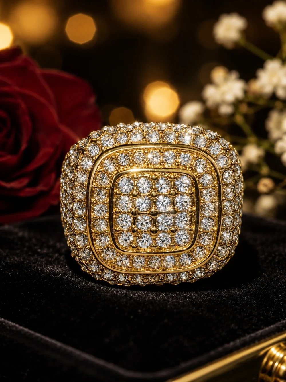 Men’s Gold Tone Rhinestone Iced Out Statement Ring Size 8